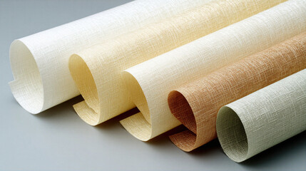 Fototapeta premium Textured wallpaper rolls in neutral colors with soft lighting and smooth curves