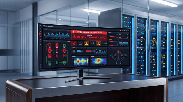 Computer monitor displaying complex data analytics dashboard with charts and graphs in a modern server room, representing IT infrastructure and digital information management