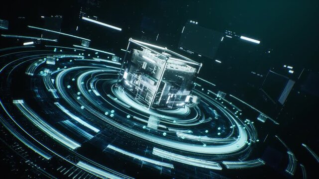 Futuristic Digital Data Cube with Flowing Network Connections