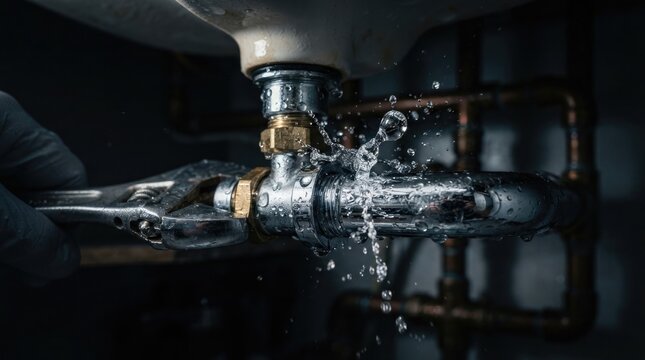 Plumber hand using wrench to fix leaking water pipe under bathroom sink for home maintenance emergency repair