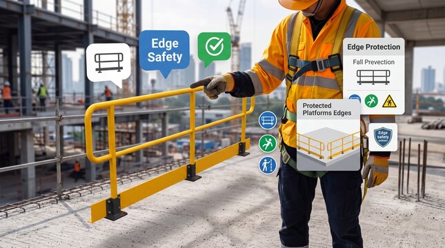 Construction worker points at yellow metal guardrail for edge protection on a building site floor with guardrail installed concrete worker wearing safety gear points temporary