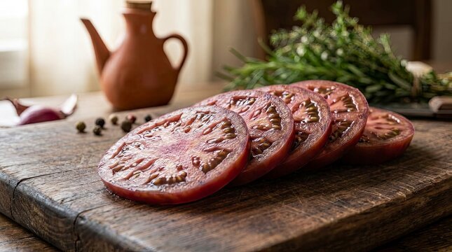 Sliced heirloom tomato on rustic wooden cutting board