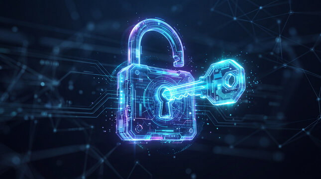 glowing digital padlock and key illuminated by blue and purple neon light, representing cybersecurity, data protection and online security concepts, abstract tech background