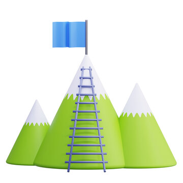 3D achievement Success Mountain peak ladder blue flag goal accomplishment