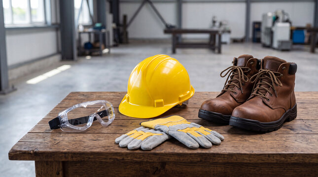 Construction safety gear including yellow hard hat, brown work boots, safety glasses, and work gloves arranged on a rustic wooden table in a workshop