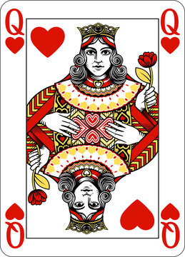 Queen of Hearts design from a new original deck of playing cards. Four pip left handed version with identifier in all four corners.