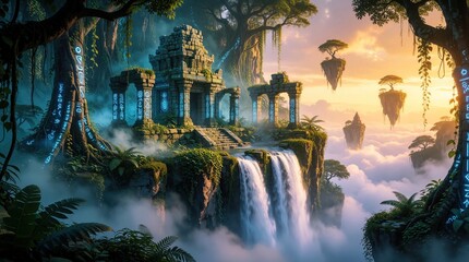 Obraz premium Ancient jungle temple ruins with glowing blue runes stand on cliff. Tropical waterfall flows into misty clouds below. Floating islands with trees hover in sunset sky. Mystical fantasy landscape