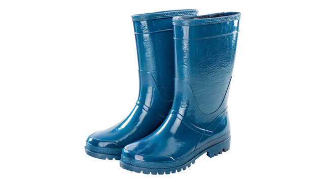 Pair of shiny blue rubber rain boots waterproof seasonal protective footwear