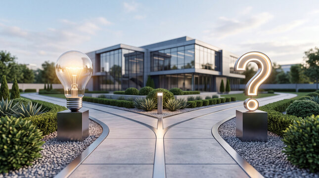 Illuminated light bulb and question mark at a crossroads outside a modern building, representing a choice between innovation and uncertainty, decision making, strategy, career path