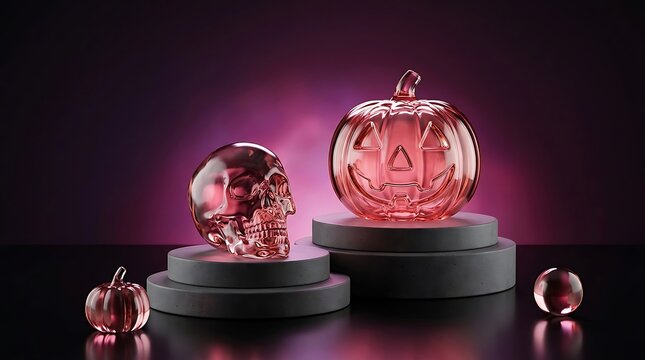 Transparent glass pumpkin and human skull figurines displayed on stone pedestals with vibrant purple lighting
