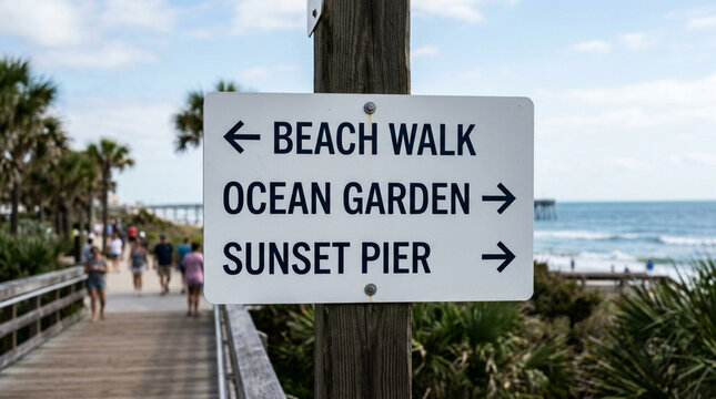 Beach Walk Signpost: Ocean Garden, Sunset Pier Directions