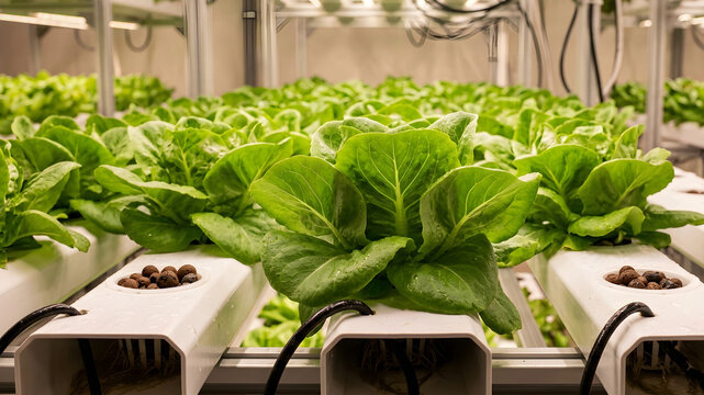 Vibrant green lettuce plants cultivated in neat rows within a sustainable hydroponic system.