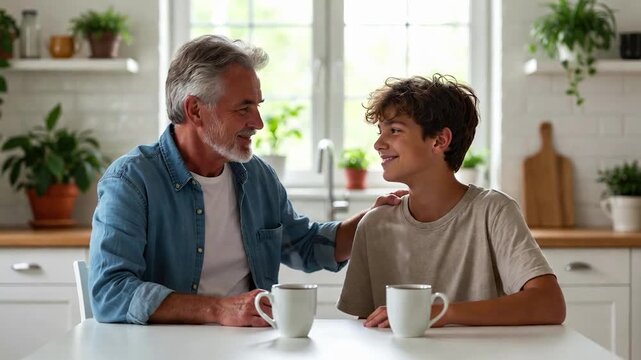 Grandfather talking and comforting his grandson while drinking tea in the kitchen, fostering family bonding and support
