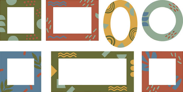 Abstract geometric picture frame vector set featuring rustic muted borders square rectangle oval and circle shapes with boho patterns