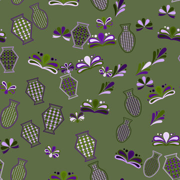 Seamless pattern with stylized vases and floral shapes