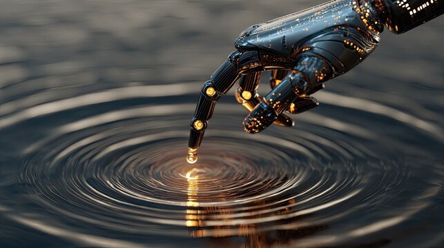 Metallic robot hand over water ripples