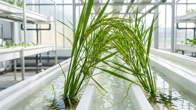 Of rice growing in a hydroponic system with water filled channels and floating rice plants against a