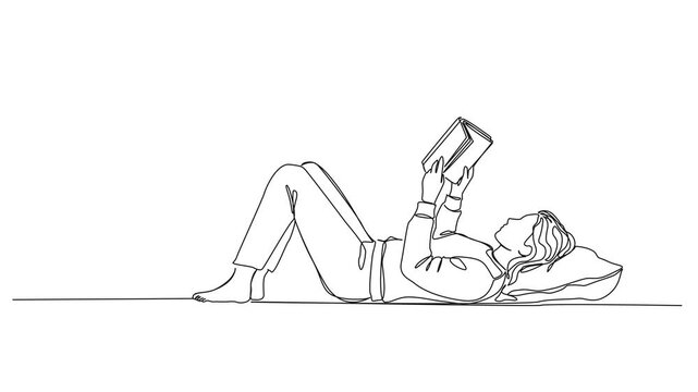 animated continuous line drawing of a young woman lying down with a pillow and reading a book, minimalist line art animation
