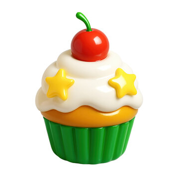 3D Glossy Christmas cupcake with cherry and stars PNG on transparent background
