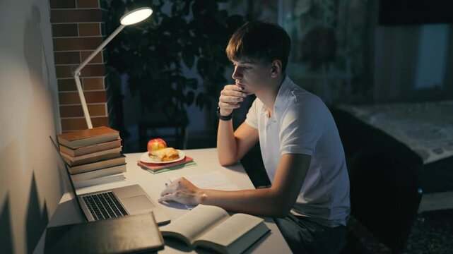 Thoughtful schoolboy looking at the laptop during night home study.