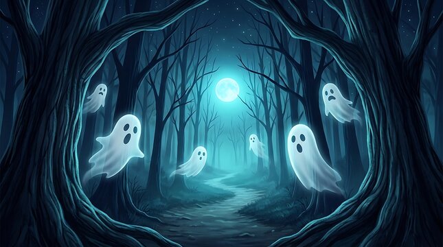 Glowing white ghosts floating through mysterious dark forest under bright full moon during spooky night