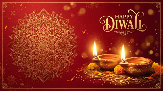 Happy diwali greeting card with glowing oil lamps diyas and golden glitter sparkles on red background