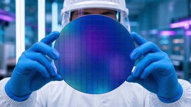 Cleanroom technician presents silicon wafer as iridescent reflections shift during inspection