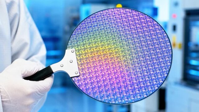 Gloved cleanroom worker handles silicon wafer as patterned reflections shift during inspection