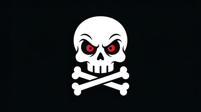 Angry white skull with glowing red eyes and crossed bones set against a solid black background