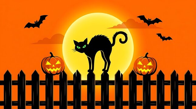 Spooky black cat arching its back on a wooden fence before a large bright moon