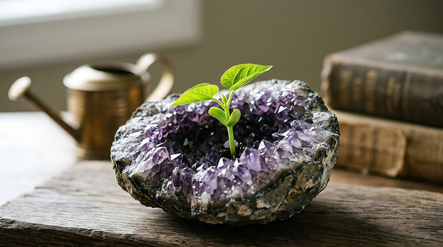 Small green seedling sprouts from a vibrant purple amethyst crystal geode with sharp rocky textures