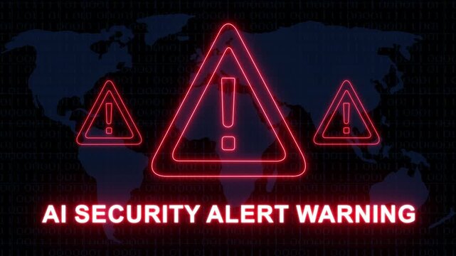 Ai security alert warning motion featuring glowing red neon danger triangles and digital map background, for cybersecurity, artificial, intelligence risk, data, breach, and global, network threats