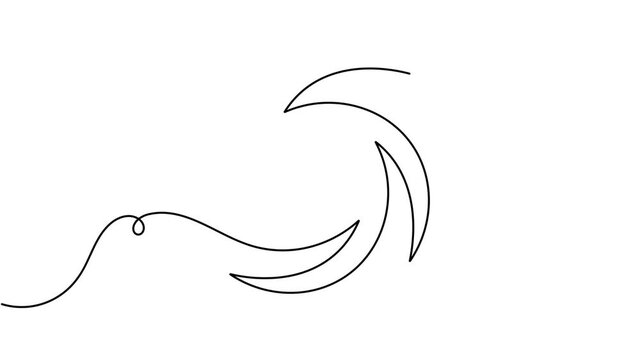 Animated of vortex hurricane icon sign continuous one line drawing on white background minimalist single art spin of typhoon and cyclone symbol animation