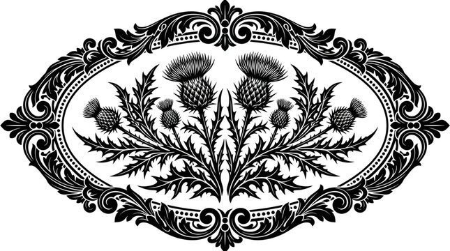 Vintage Thistle Floral Ornament in Ornate Baroque Oval Frame