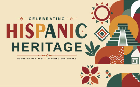 Hispanic Heritage Month design featuring colorful geometric patterns, cultural symbols, floral elements, and elegant typography for September and October celebrations.