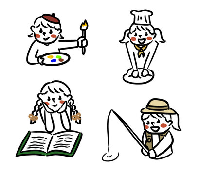 秋を楽しむ女の子のかわいい手描きアイコンセット/Autumn Icon Set of a Girl Enjoying Reading, Art and Seasonal Hobbies