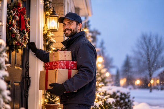 Christmas delivery man carrying gift boxes to a decorated home, holiday shopping and doorstep delivery concept
