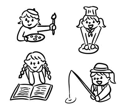 秋を楽しむ女の子のかわいい手描きアイコンセット(線画)/Autumn Icon Set of a Girl Enjoying Reading, Art and Seasonal Hobbies