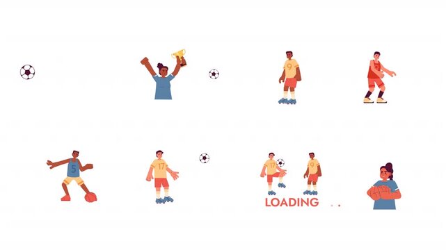 Ball sports cartoon animation pack. Celebrating trophy and cheering. Performing game movements. Soccer and basketball players competing animated flat 4K video collection on transparent background