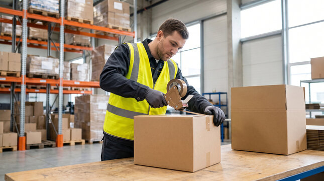 Warehouse worker sealing cardboard box with tape dispenser gun on wooden packing table in storehouse