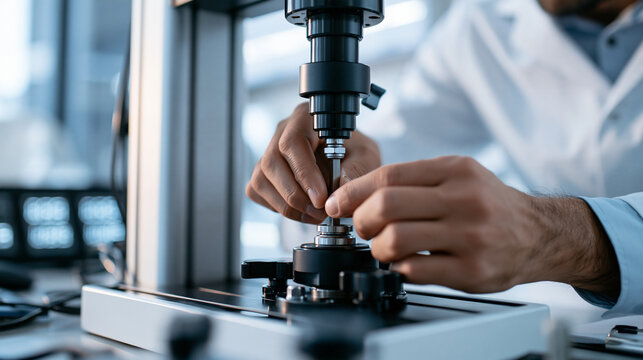 Close up cropped view of the hands of a confident european materials engineer placing a metal sample into a tensile testing machine inside a bright metallurgical testing lab clean