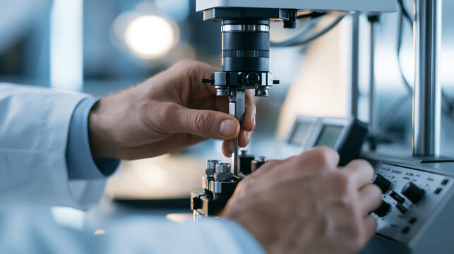 Close up cropped view of the hands of a confident european materials engineer placing a metal sample into a tensile testing machine inside a bright metallurgical testing lab clean