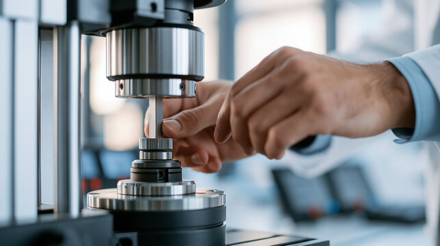 Close up cropped view of the hands of a confident european materials engineer placing a metal sample into a tensile testing machine inside a bright metallurgical testing lab clean