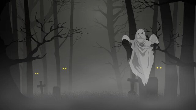 Spooky white ghost floating through a dark cemetery in a foggy forest with glowing eyes in the background.