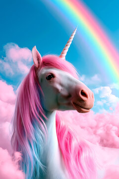 Amazing sky with rainbow and fluffy clouds with unicorn. Pink unicorn with a rainbow in the background with space for text or inscriptions 
