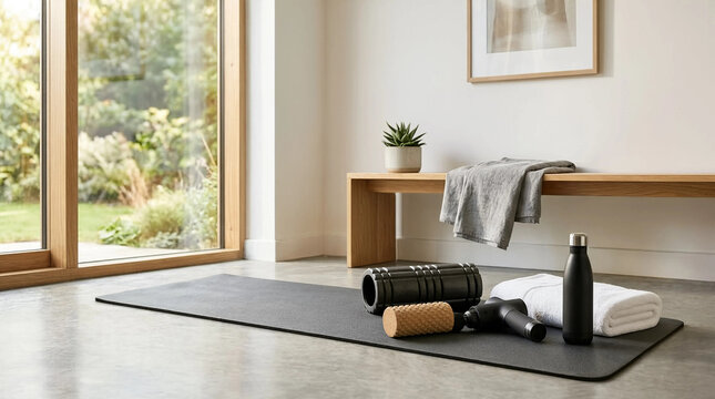 Home workout and recovery setup with yoga mat foam roller massage gun water bottle and towel in modern bright studio