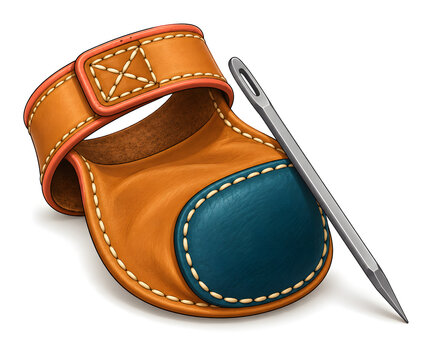 A sailmaker's leather palm thimble with a heavy triangular needle resting against it, isolated on white