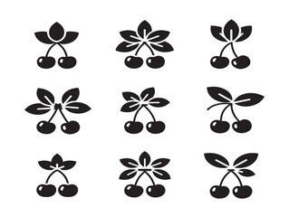 Obraz premium Black cherry silhouette icon set, fruit vector collection with leaves for food design