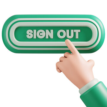 Green sign out button clicked by hand 3D rendering for website app exit