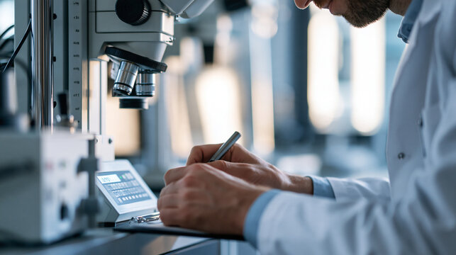 Cropped view of the hands of a confident european tensile test engineer recording test data from a metal sample on a digital readout inside a bright tensile testing facility clean